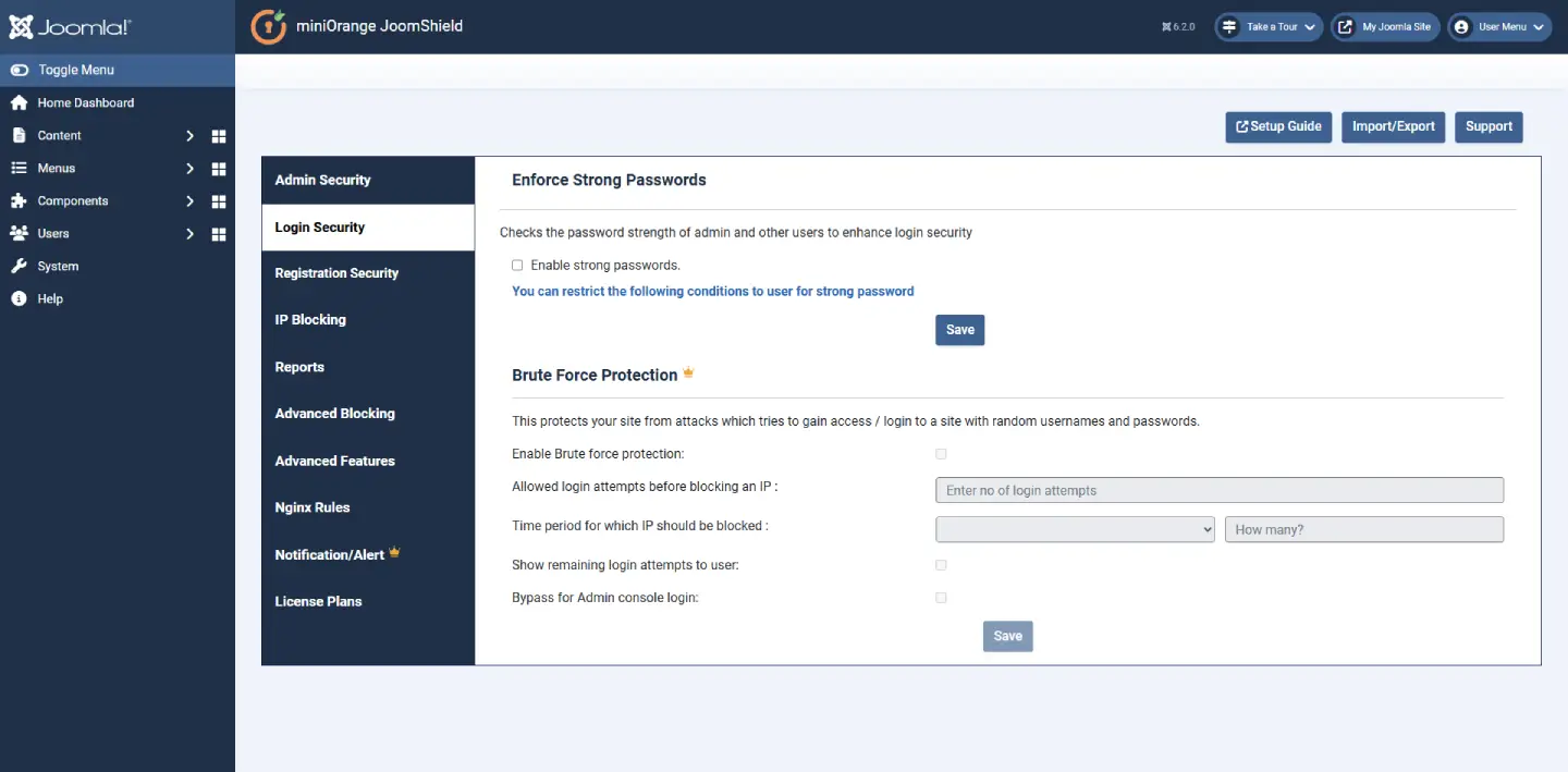 JoomShield Login Security tab with Enforce Strong Passwords and premium Brute Force Protection settings