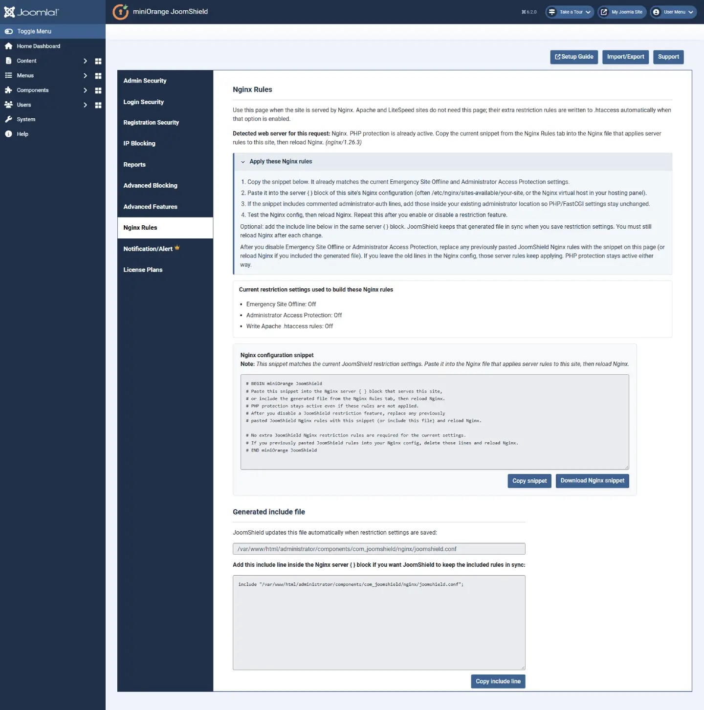JoomShield Nginx Rules tab with Nginx configuration snippet and generated include file