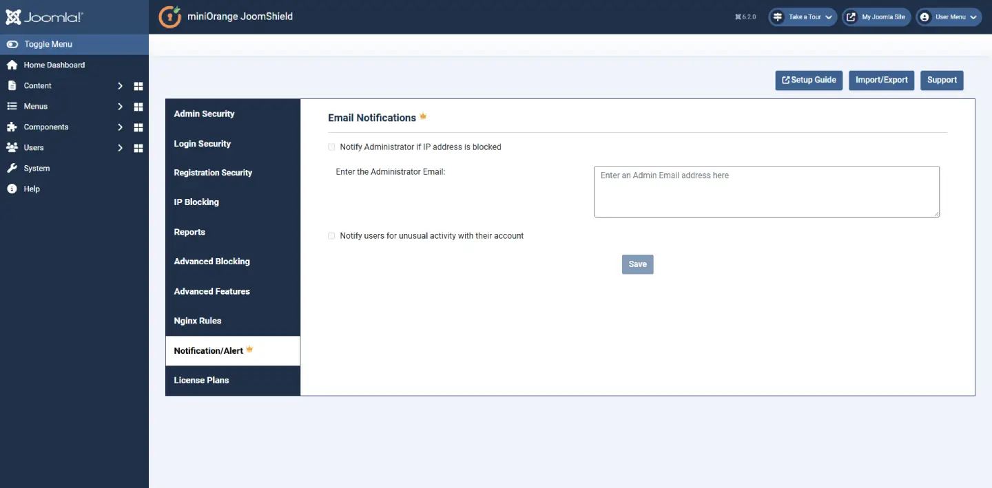 JoomShield Notification/Alert tab with premium Email Notifications settings