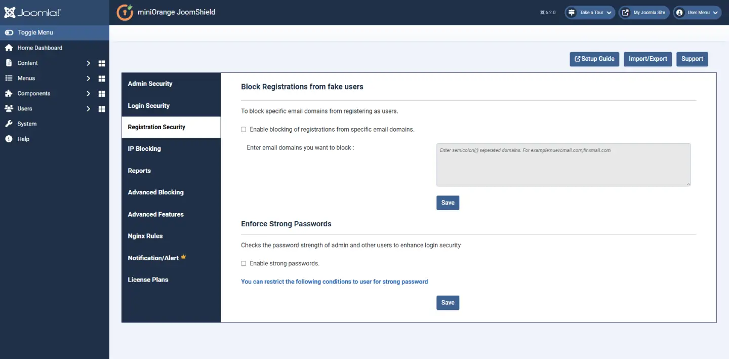 JoomShield Registration Security tab with email domain blocking and Enforce Strong Passwords settings