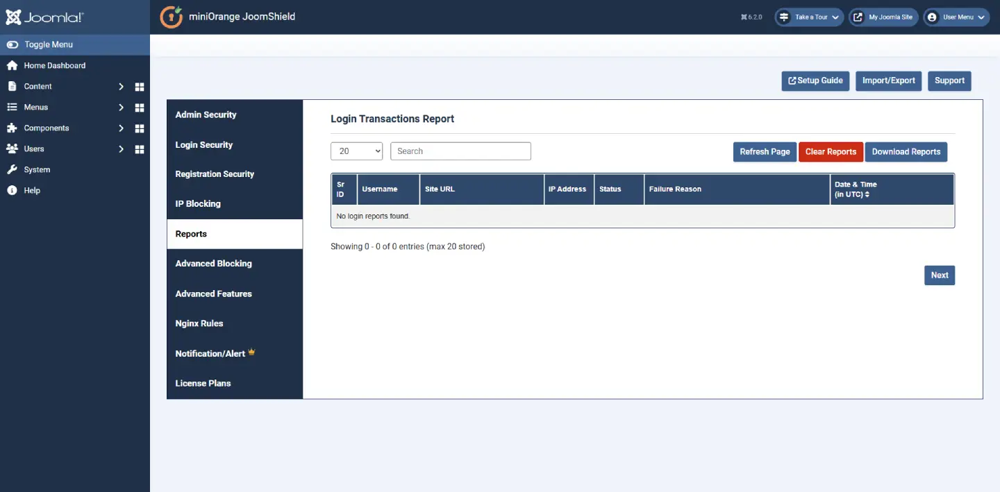 JoomShield Reports tab showing the Login Transactions Report