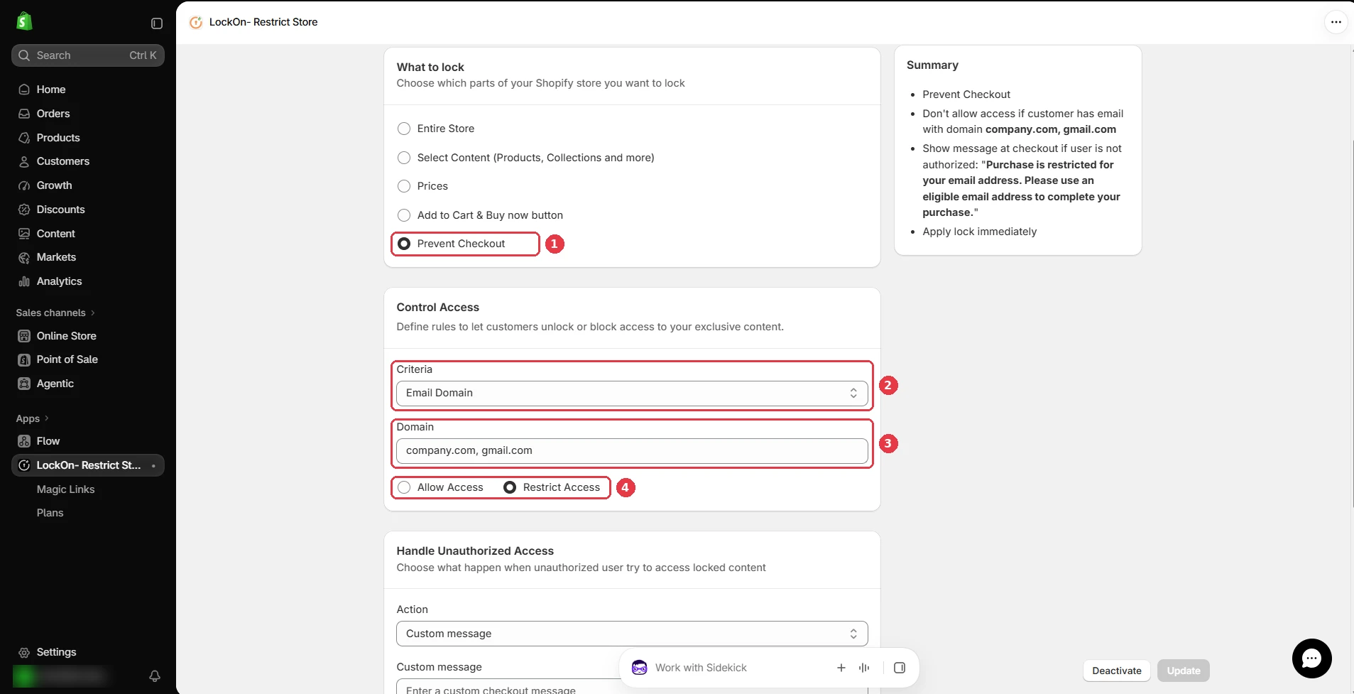 Shopify LockOn Restrict Content Application - - prevent checkout by email domain
