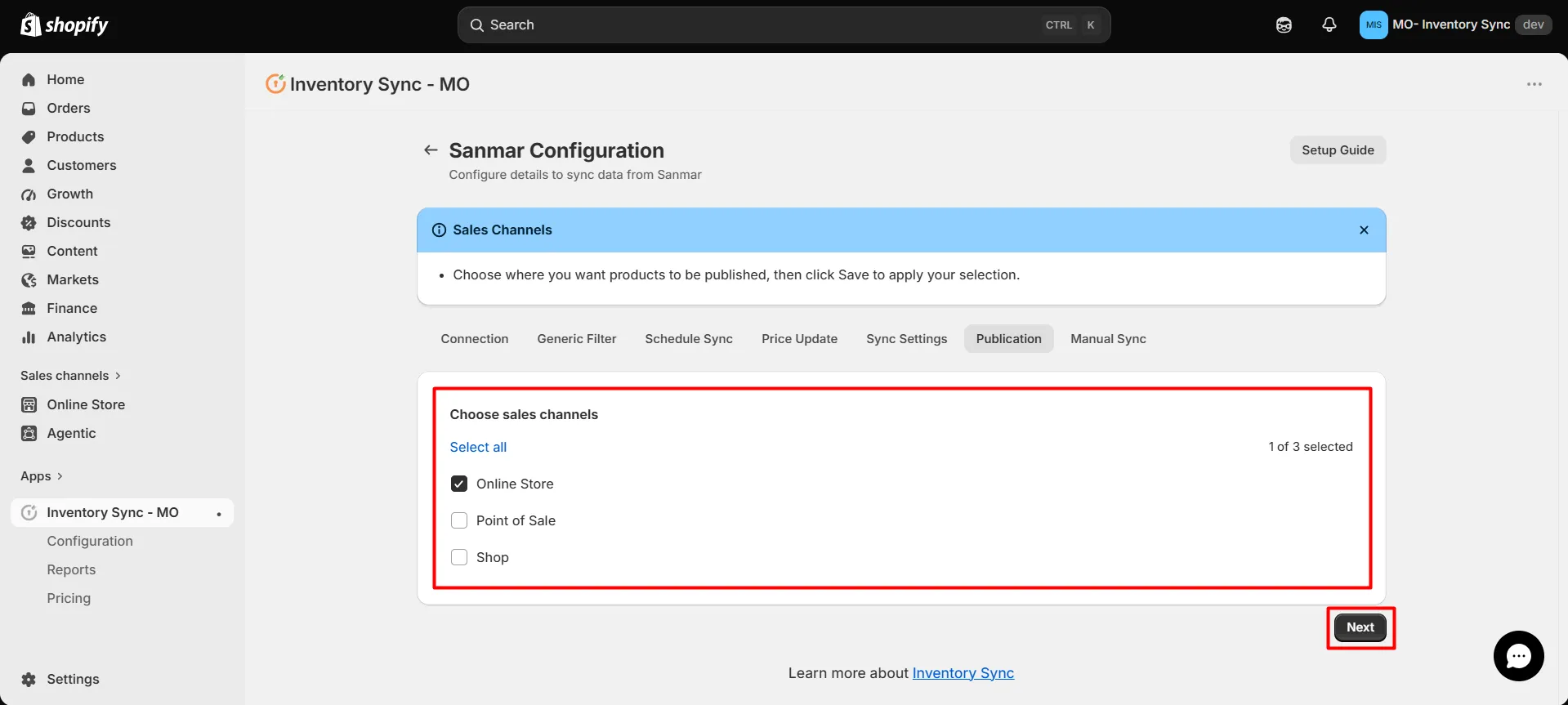Shopify SanMar Integration - Choose sales channel