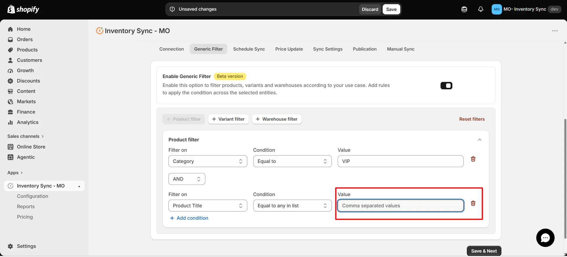 Shopify SanMar Integration - Enter comma-separated filter values