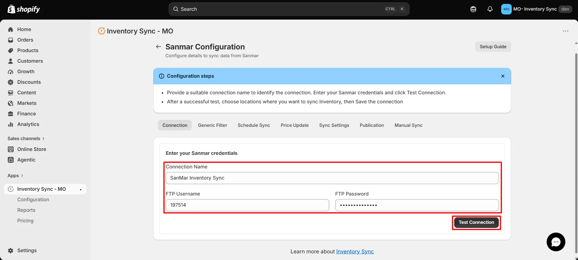 Shopify SanMar Integration - Enter your SanMar credentials
