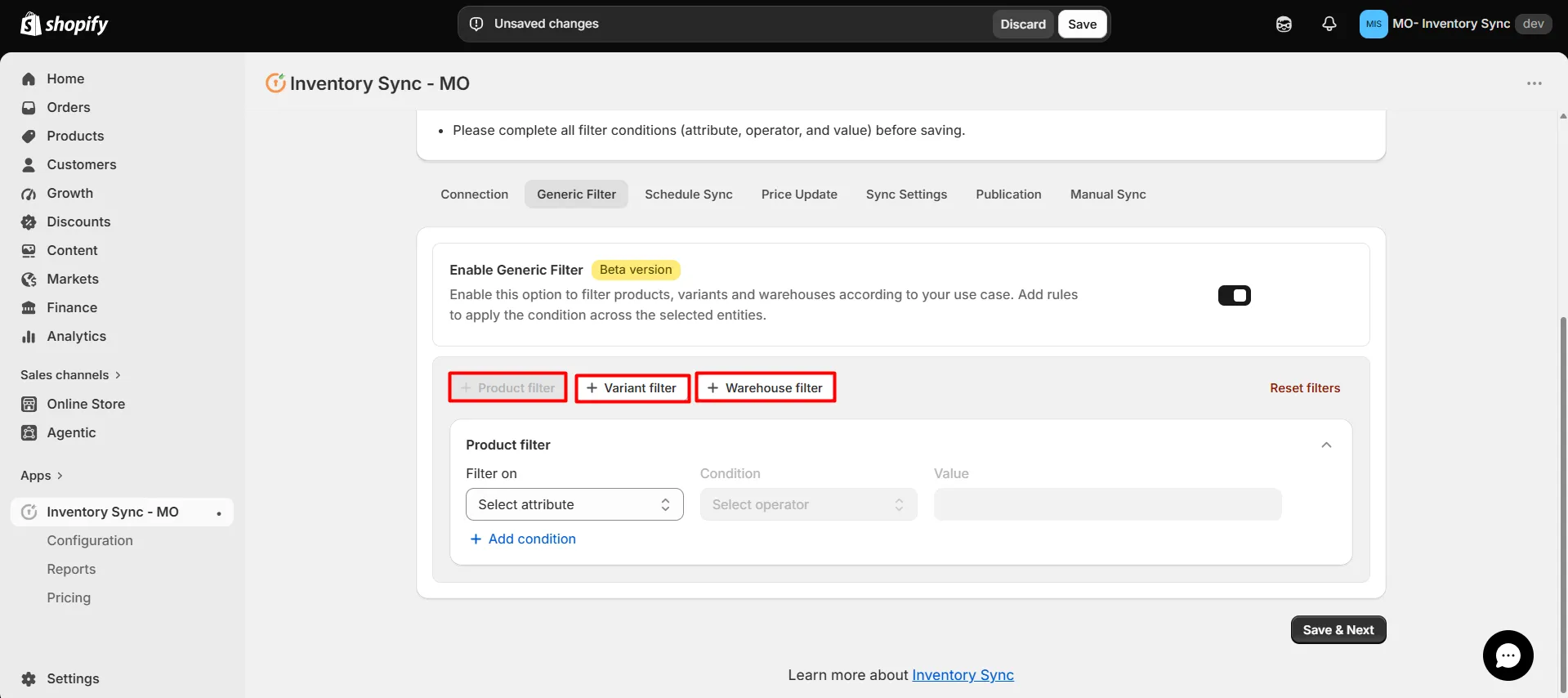 Shopify SanMar Integration - Sync Filters