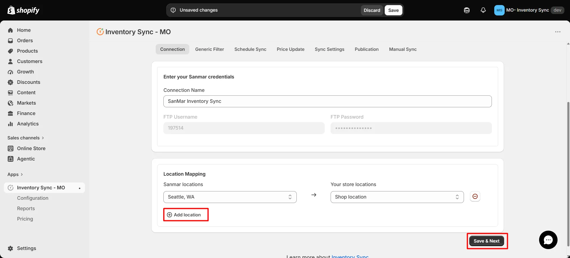 Shopify SanMar Integration - Location mapping