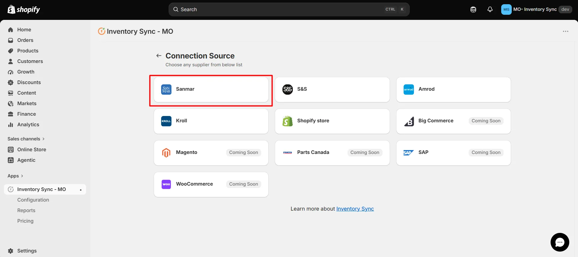 Shopify SanMar Integration - Choose source connection