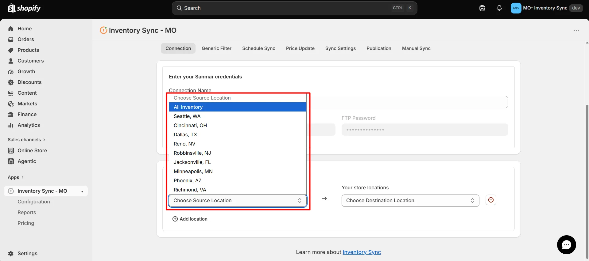Shopify SanMar Integration - Choose source location