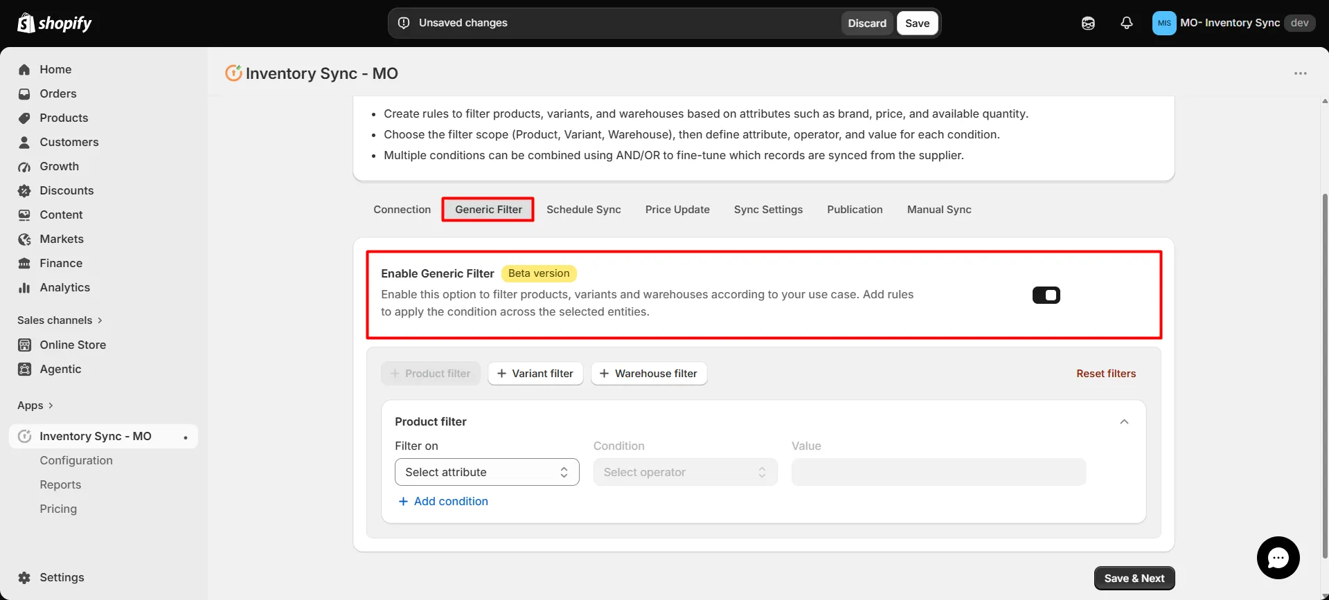 Shopify Generic Filter Configuration settings