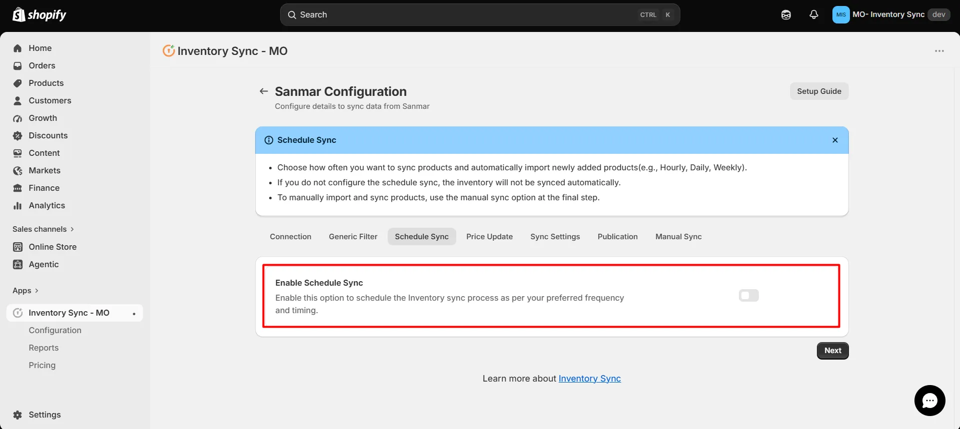 Shopify SanMar Integration - Enable Schedule Sync
