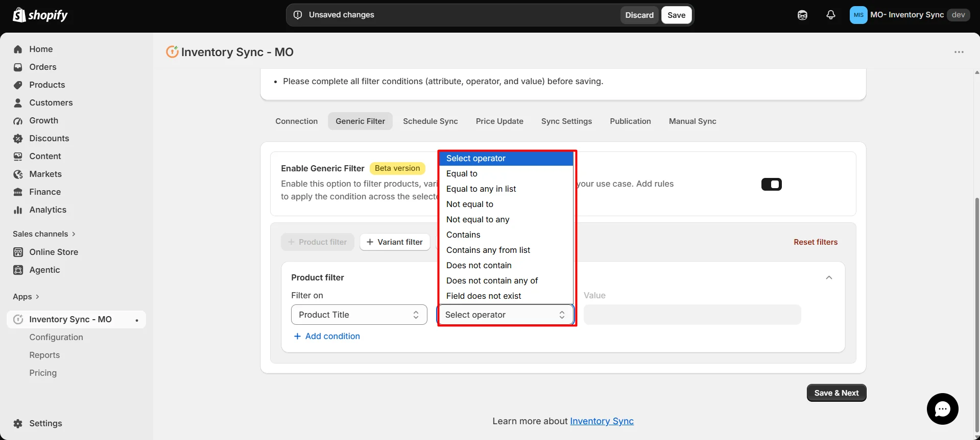 Shopify S&S Activewear Integration - Add Conditions in Product Filter