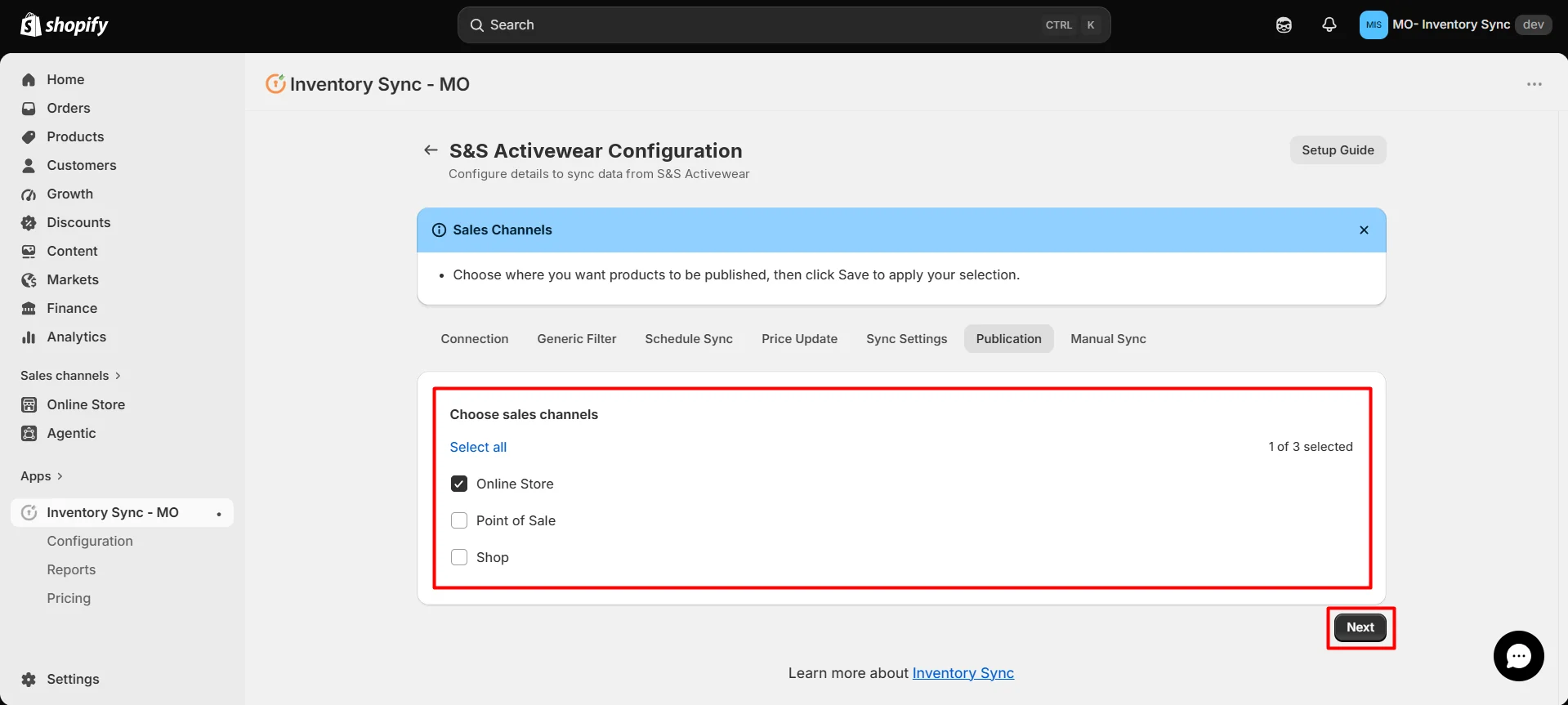 Shopify S&S Activewear Integration - Choose sales channel