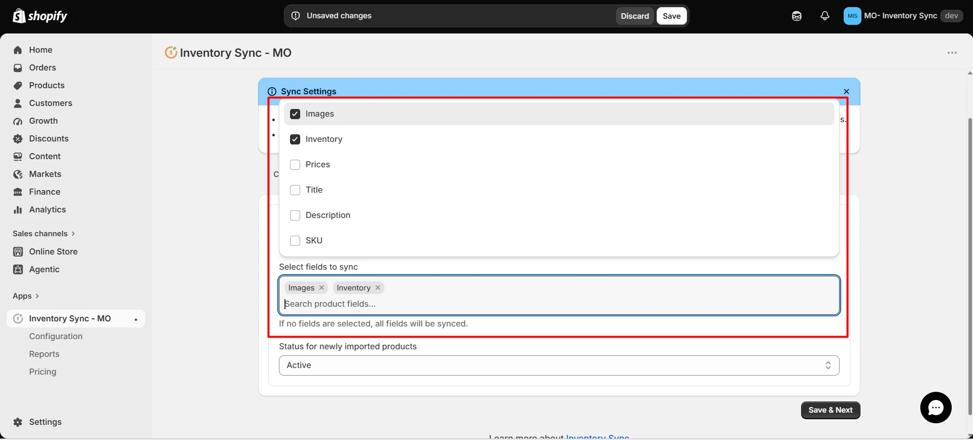 Shopify S&S Activewear Integration - Select fields to sync