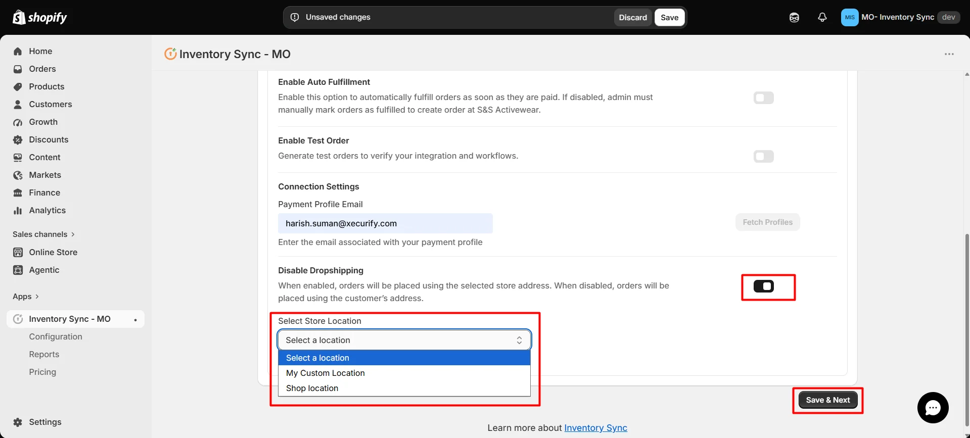 Shopify S&S Activewear Integration - Disable dropshipping and save