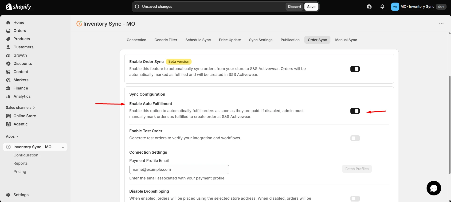 Shopify S&S Activewear Integration - Enable Auto Fulfillment