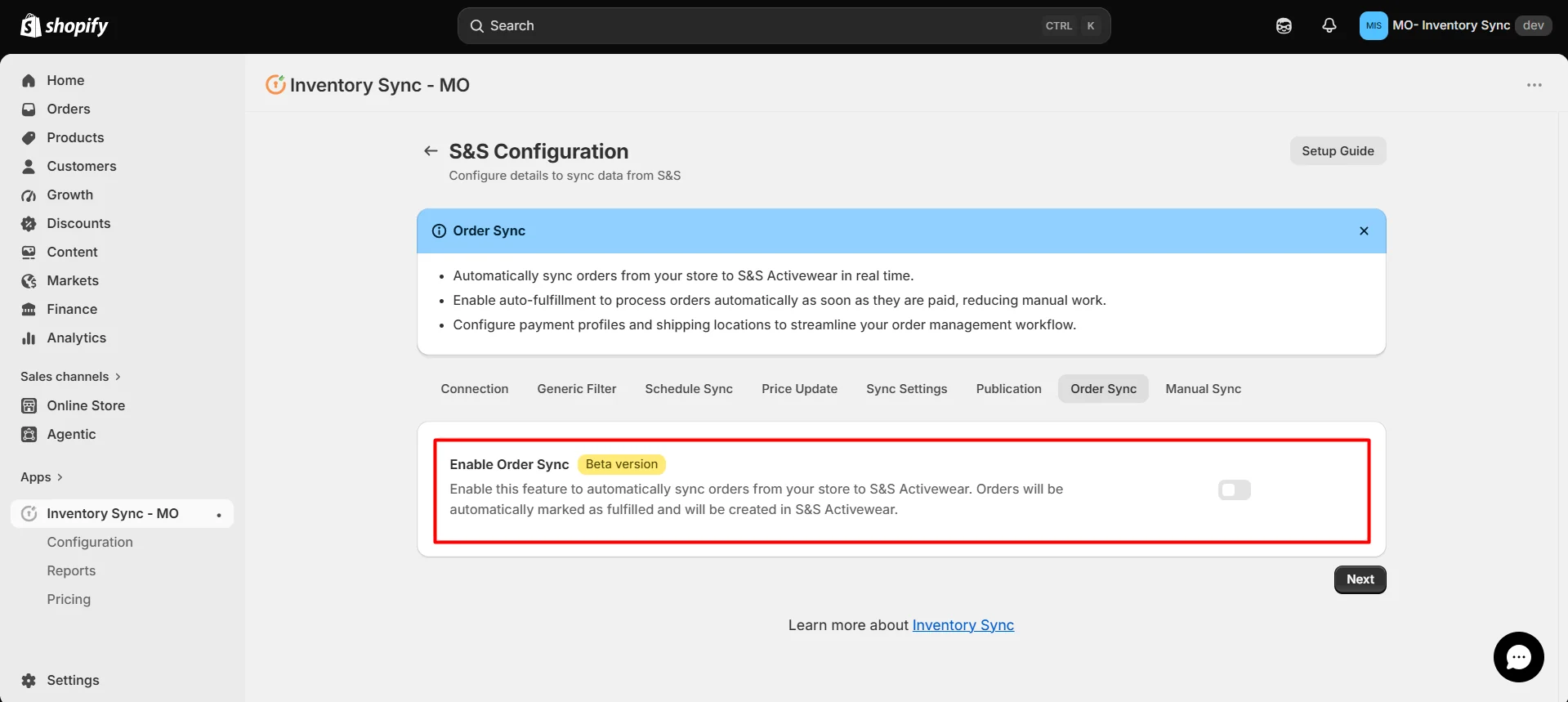 Shopify S&S Activewear Integration - Enable Order Sync