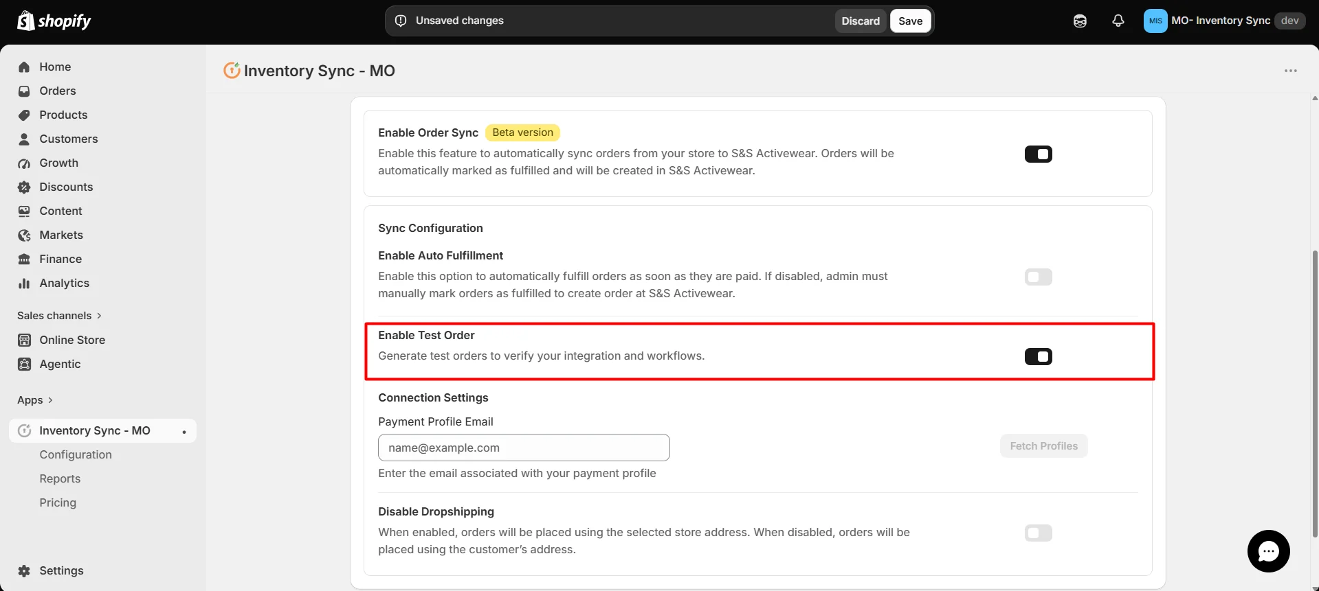 Shopify S&S Activewear Integration - Enable Test Order