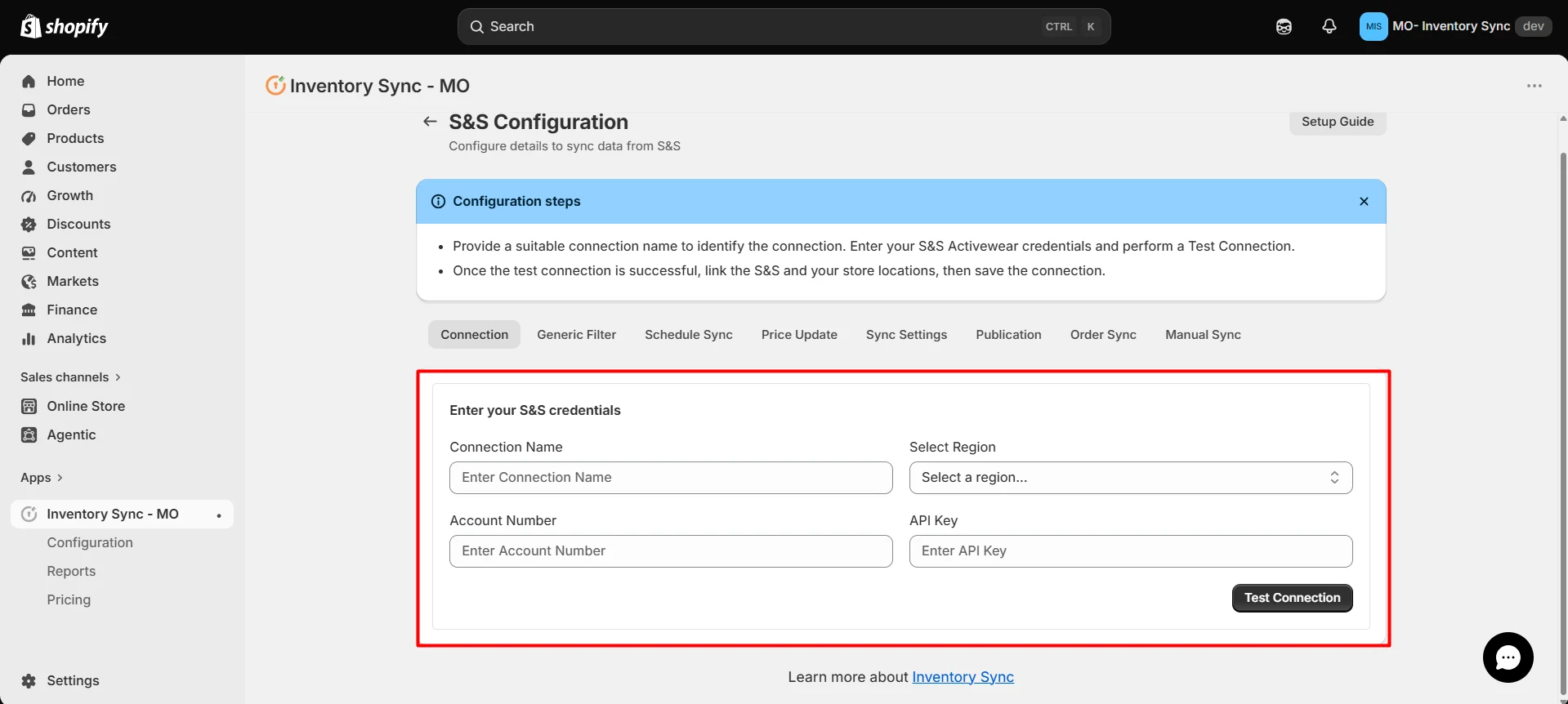 Shopify S&S Activewear Integration - Enter your S&S Activewear credentials