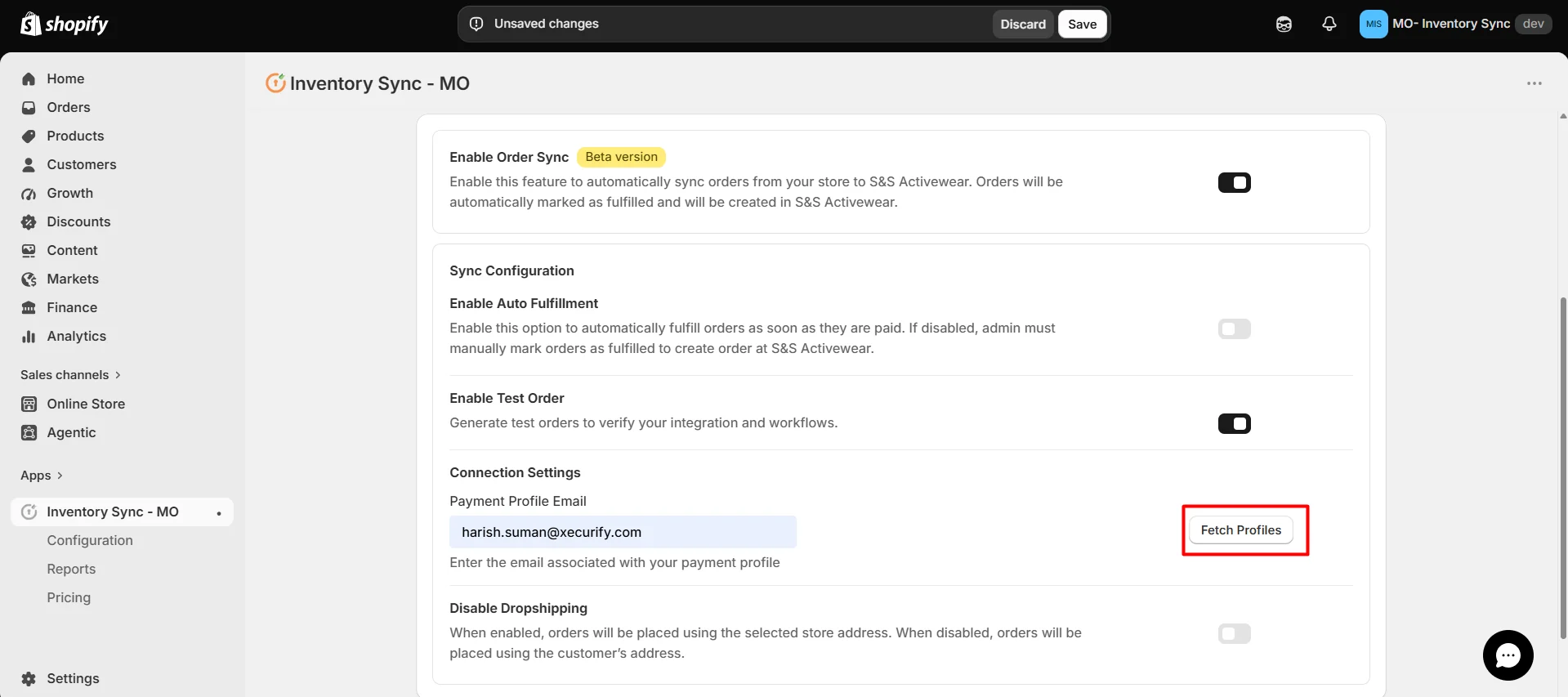 Shopify S&S Activewear Integration - Fetch payment profiles