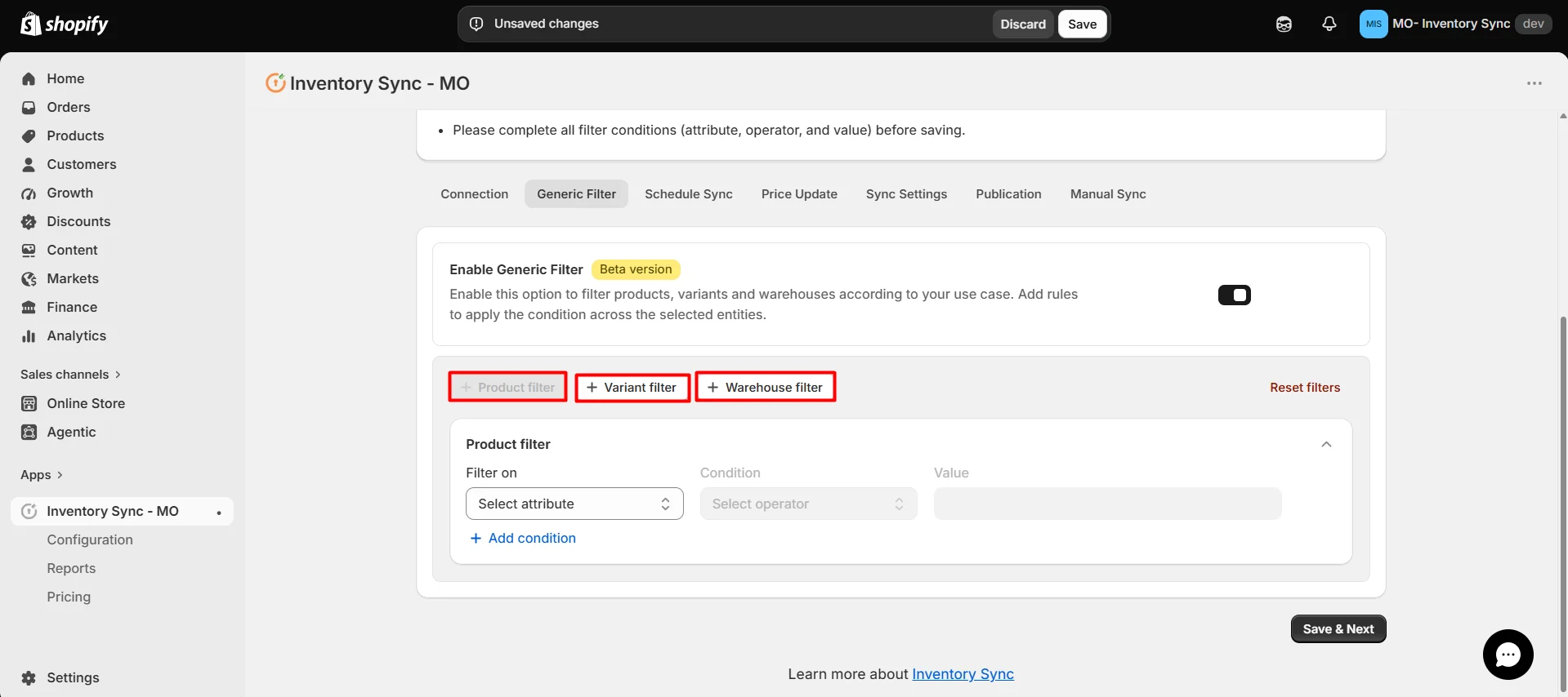 Shopify S&S Activewear Integration - Sync Filters