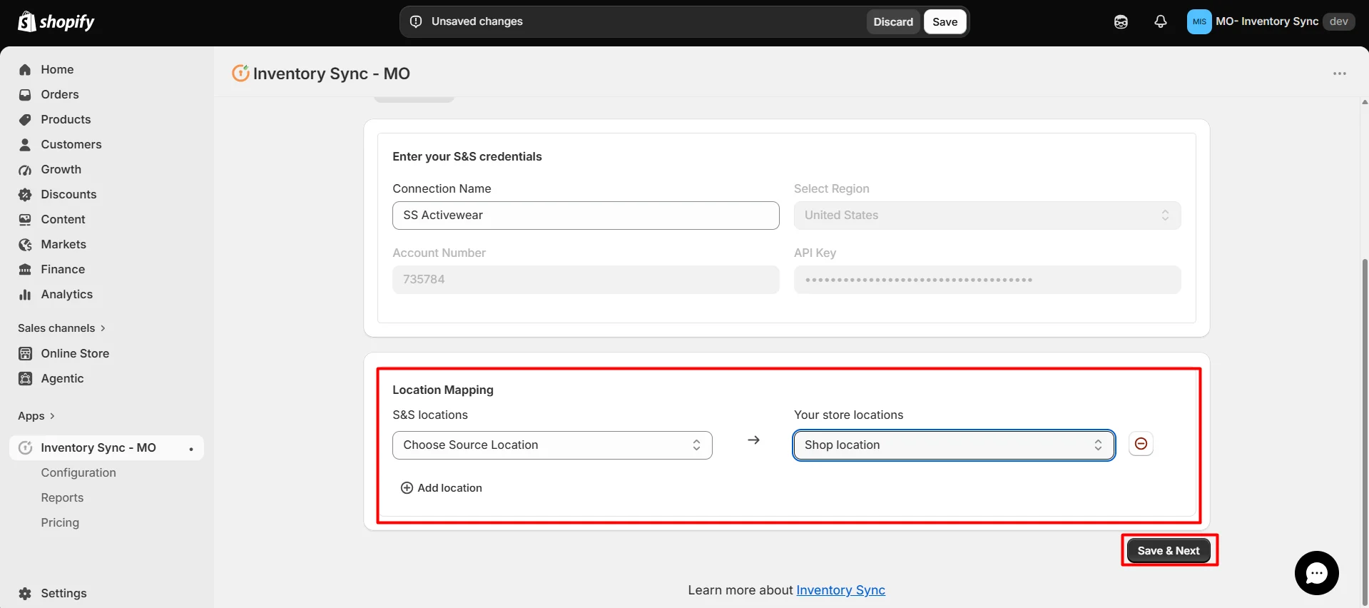 Shopify S&S Activewear Integration - Location mapping