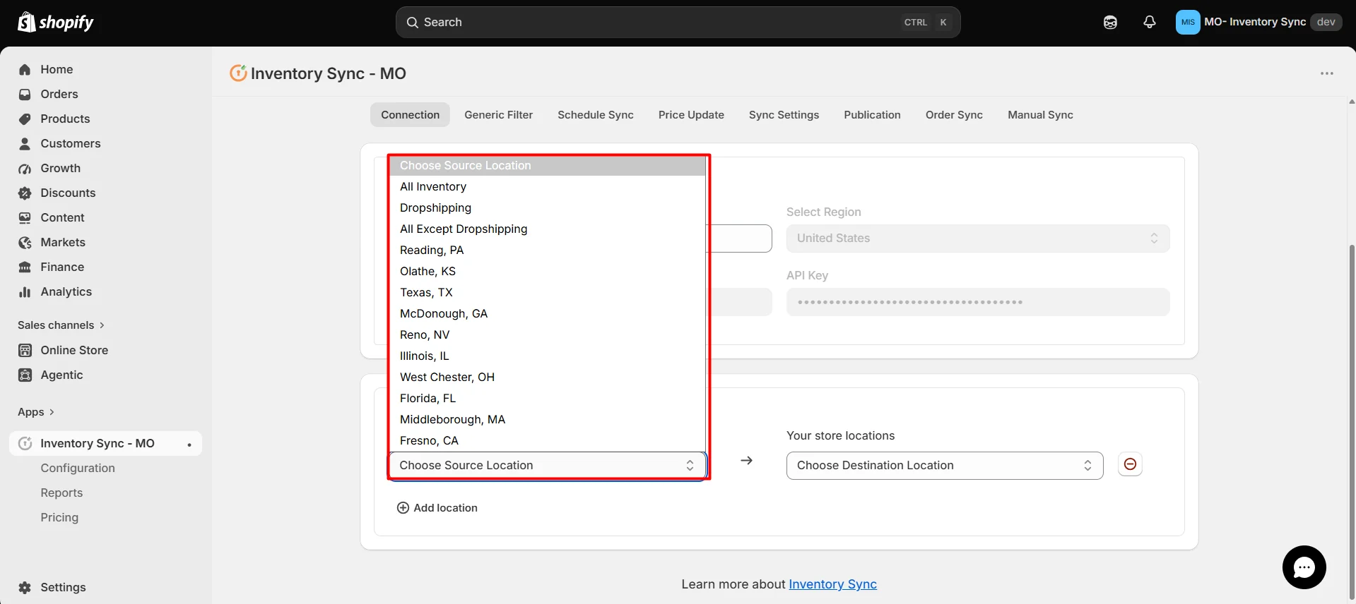 Shopify S&S Activewear Integration - Choose source location