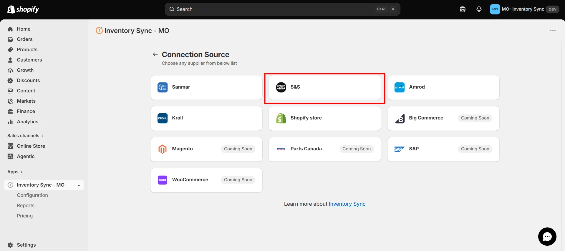Shopify S&S Activewear Integration - Choose source connection