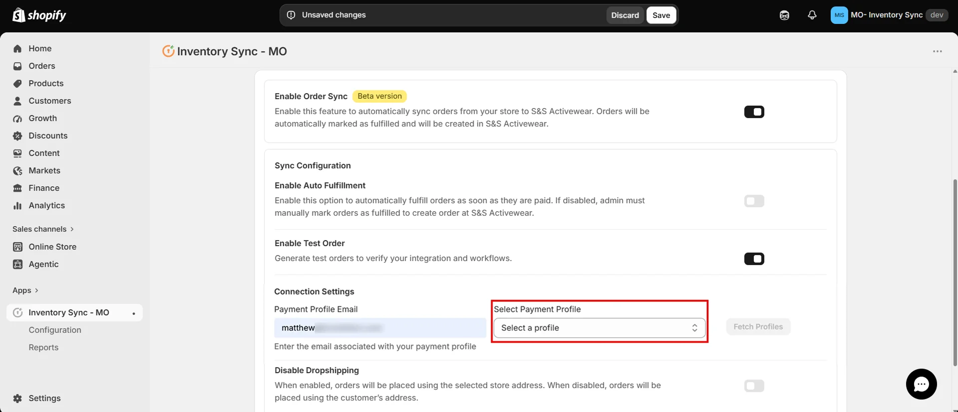 Shopify S&S Activewear Integration - Select payment profile