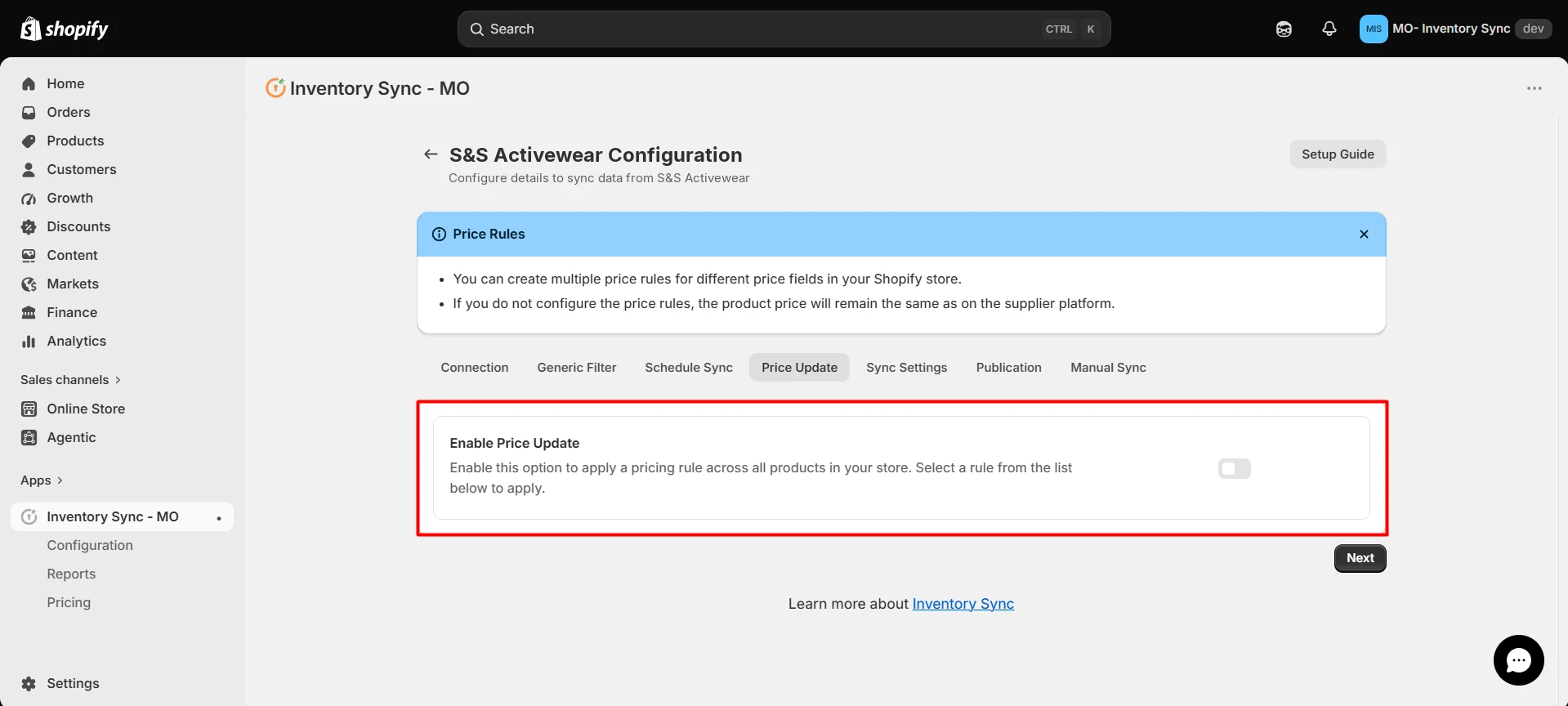 Shopify S&S Activewear Integration - Enable Price Update