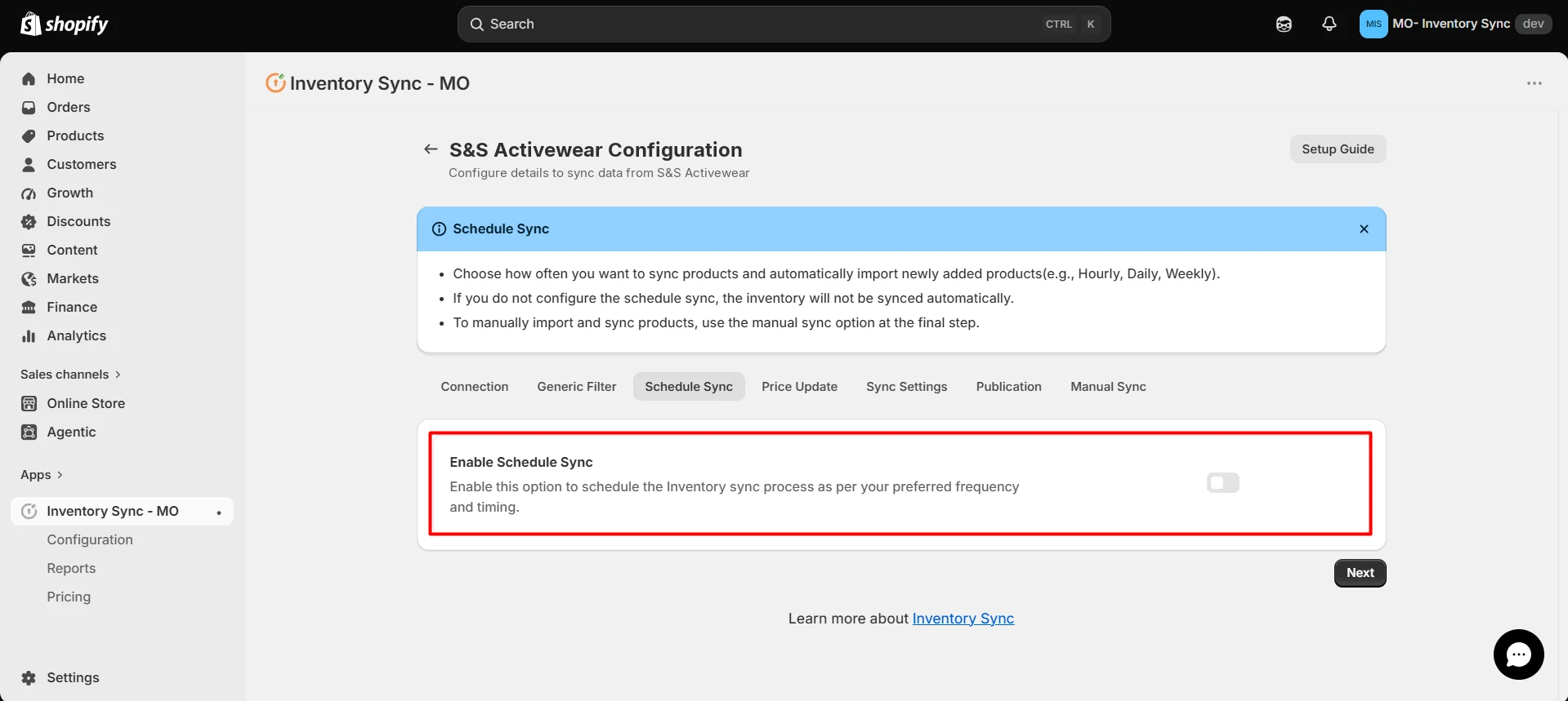 Shopify S&S Activewear Integration - Enable Schedule Sync