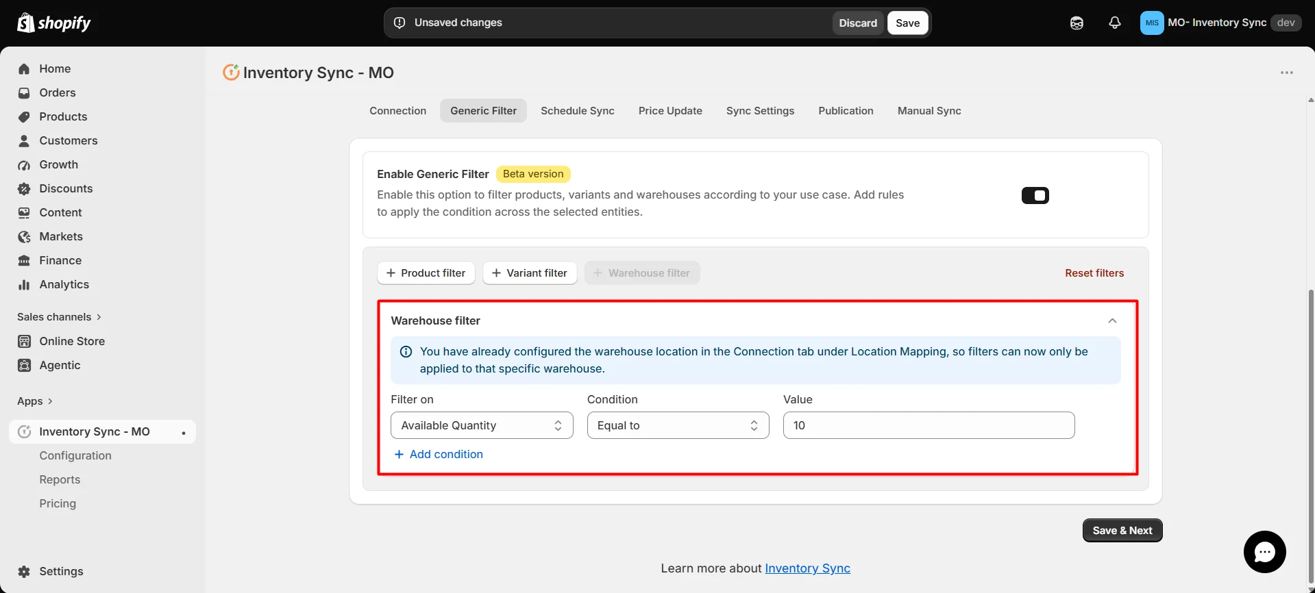 Shopify S&S Activewear Integration - Warehouse Filter
