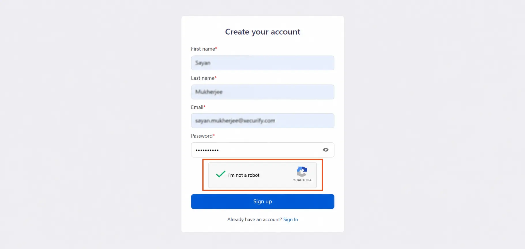 reCAPTCHA shown during customer signup