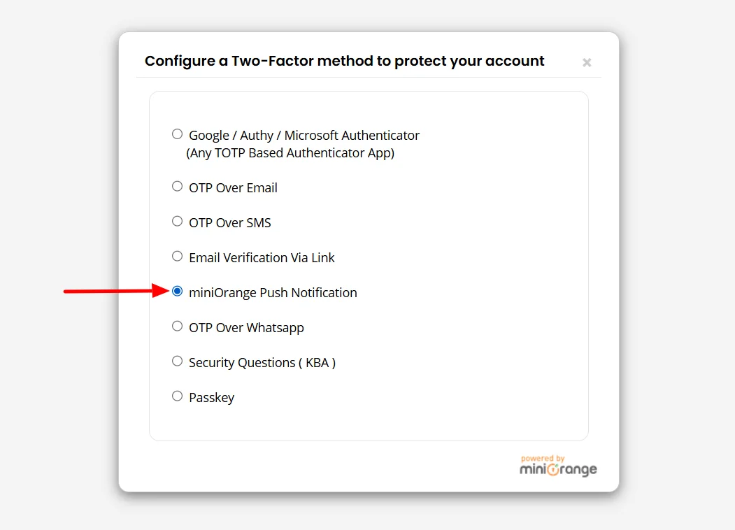 miniOrange Push Notification 2FA - Select miniOrange Push Notification