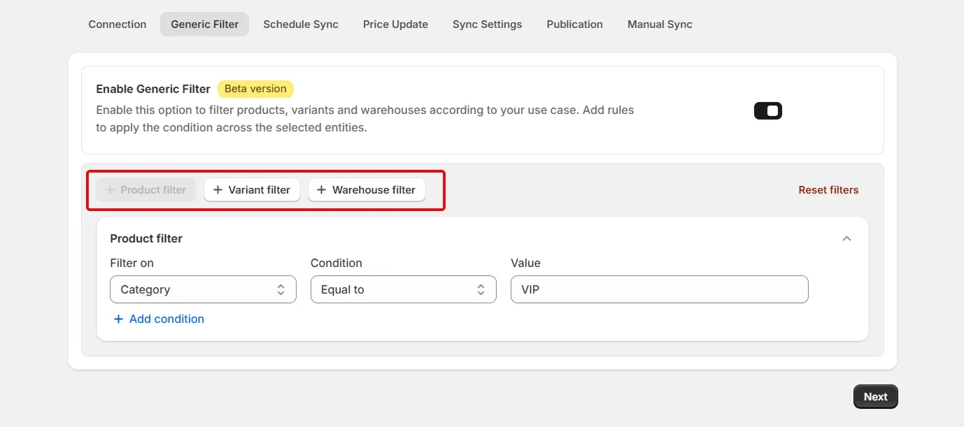 Shopify Amrod Integration - Sync Filters
