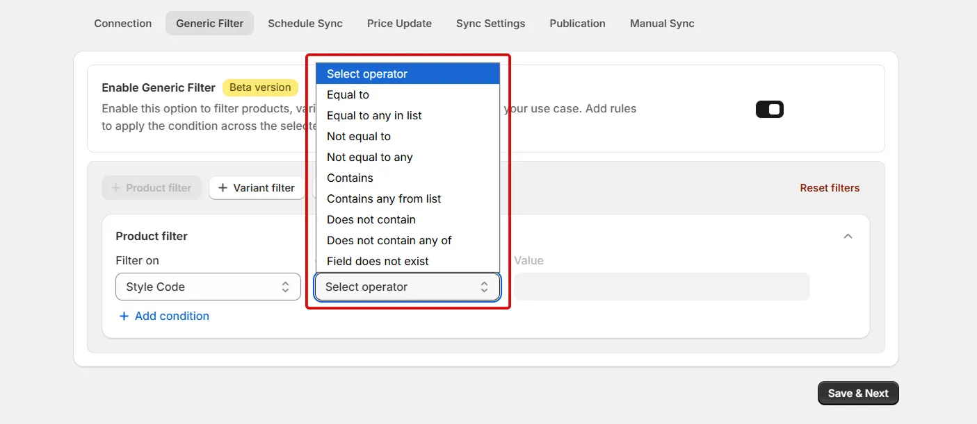Shopify Amrod Integration - Add Conditions in Product Filter