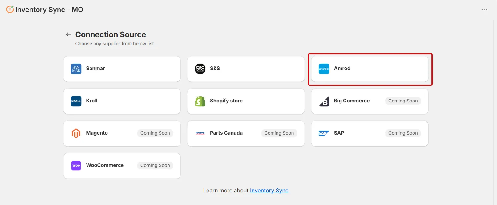 Connect Amrod to Shopify using Inventory Sync - Choose Amrod as connection source
