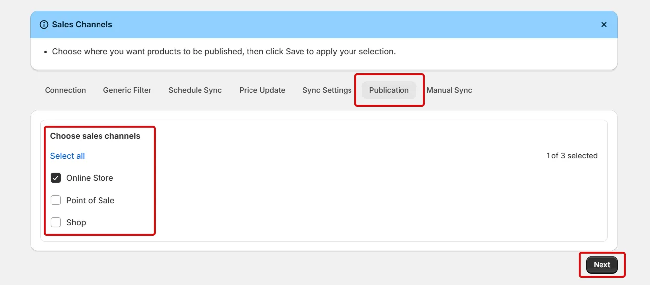 Connect Amrod to Shopify using Inventory Sync - select sales channel
