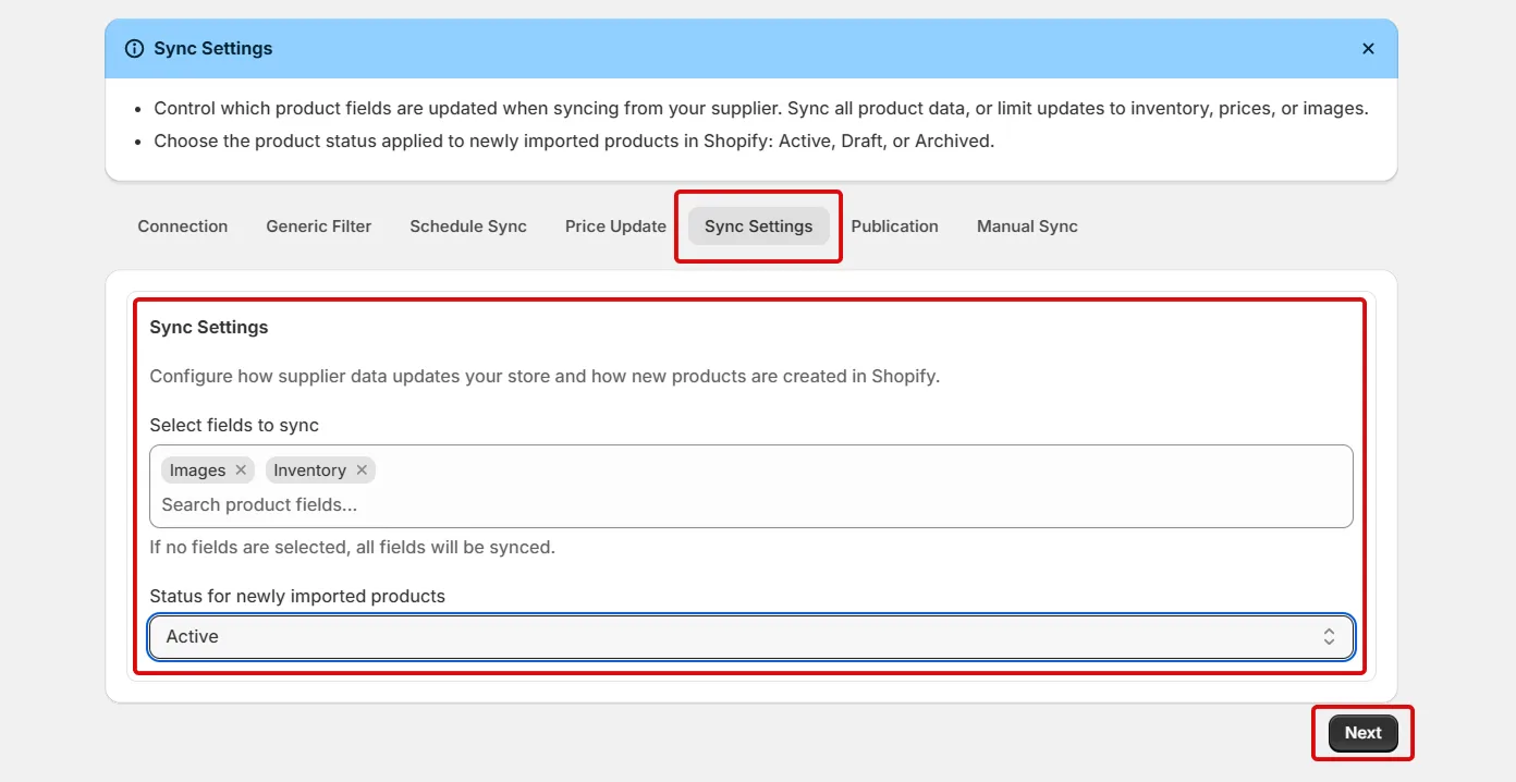 Shopify Amrod Integration - Select fields to sync