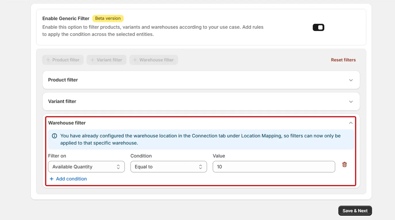 Shopify Amrod Integration - Warehouse Filter
