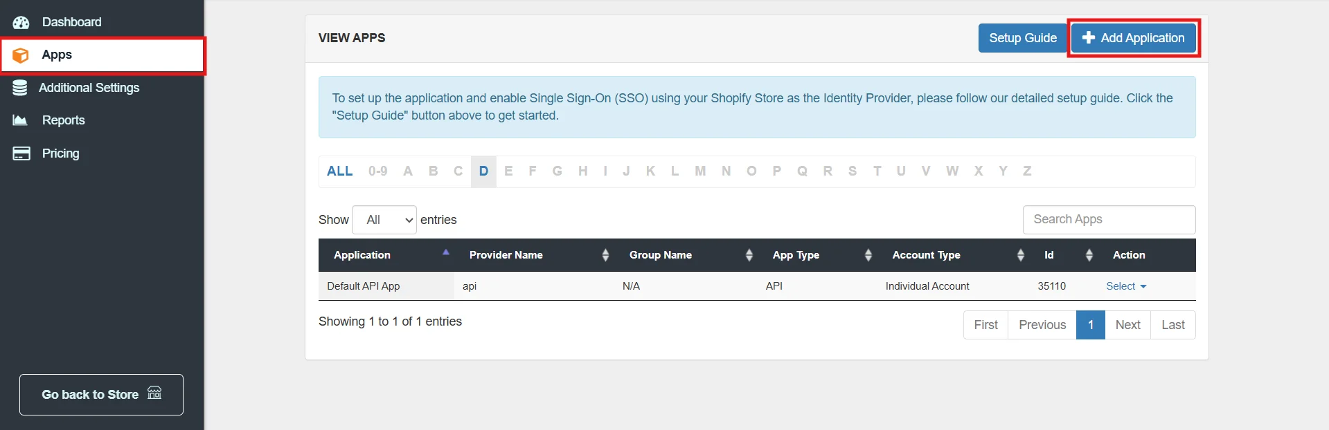 SSO using Shopify as IDP - Click on Add Application