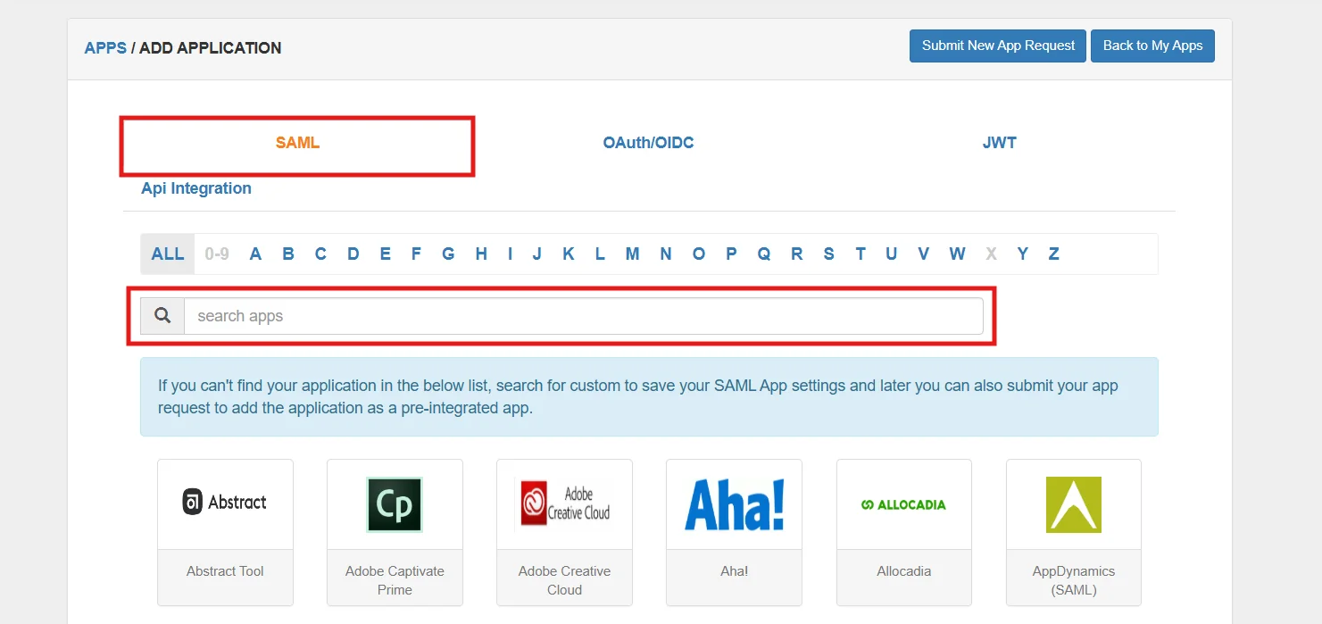 SSO using Shopify as IDP - search for SAML App