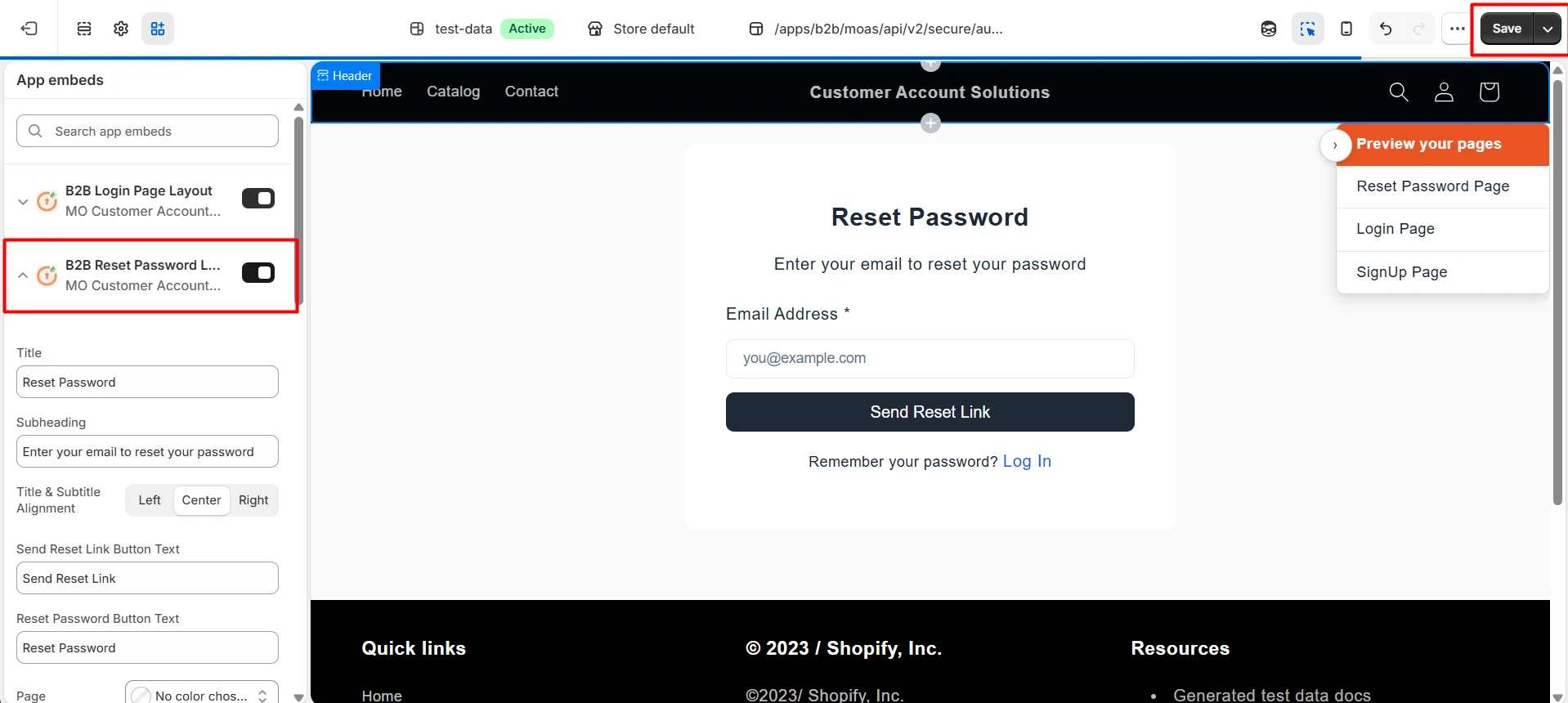 Enable B2B Reset Password Layout app embed and customize the reset password page