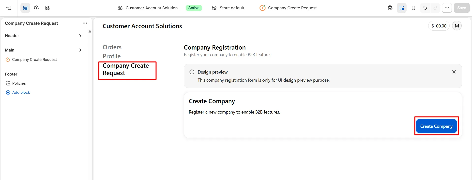 アカウントメニューの「会社の作成」ボタンから「会社の作成リクエスト」を実行します。
