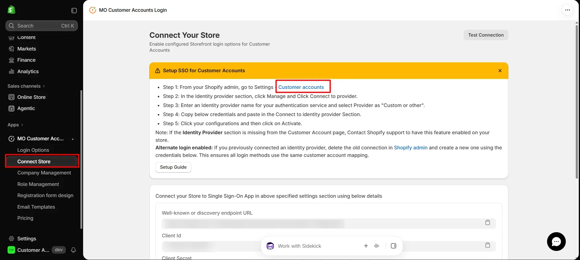 Connect Store page with customer account setup values