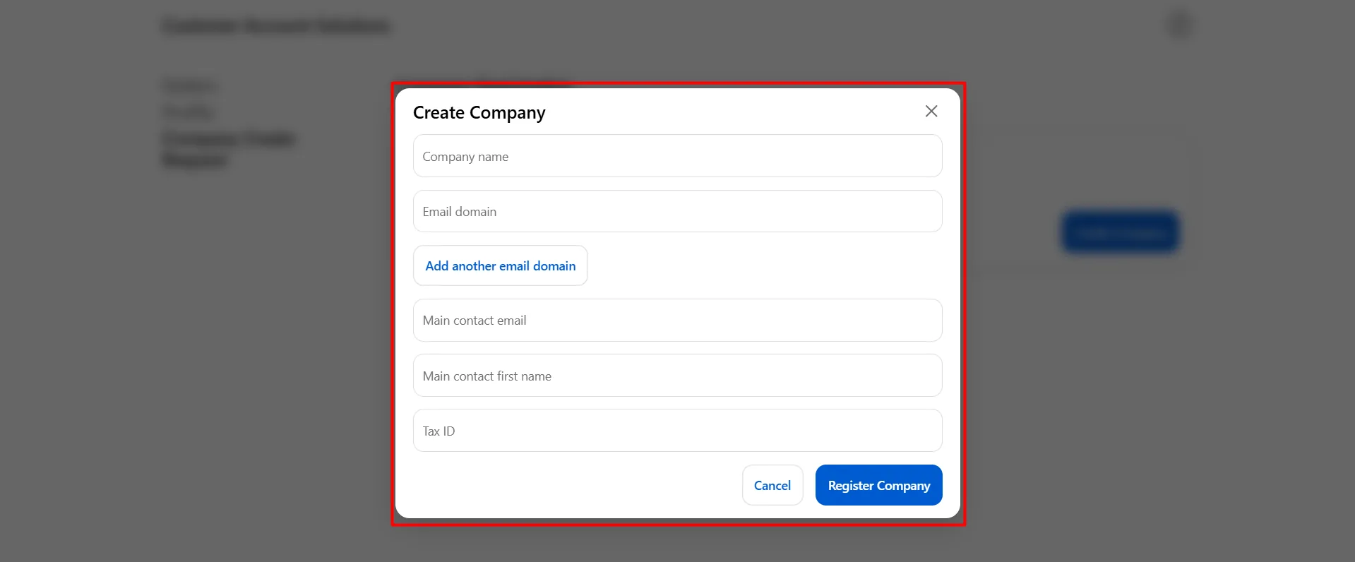 Create Company form with company name, email domain, and custom fields