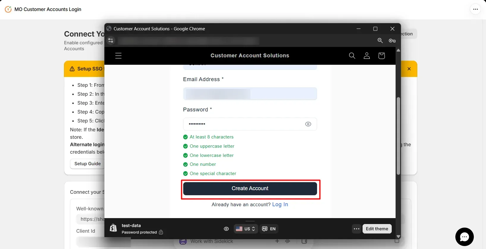 Create Account form with email and password