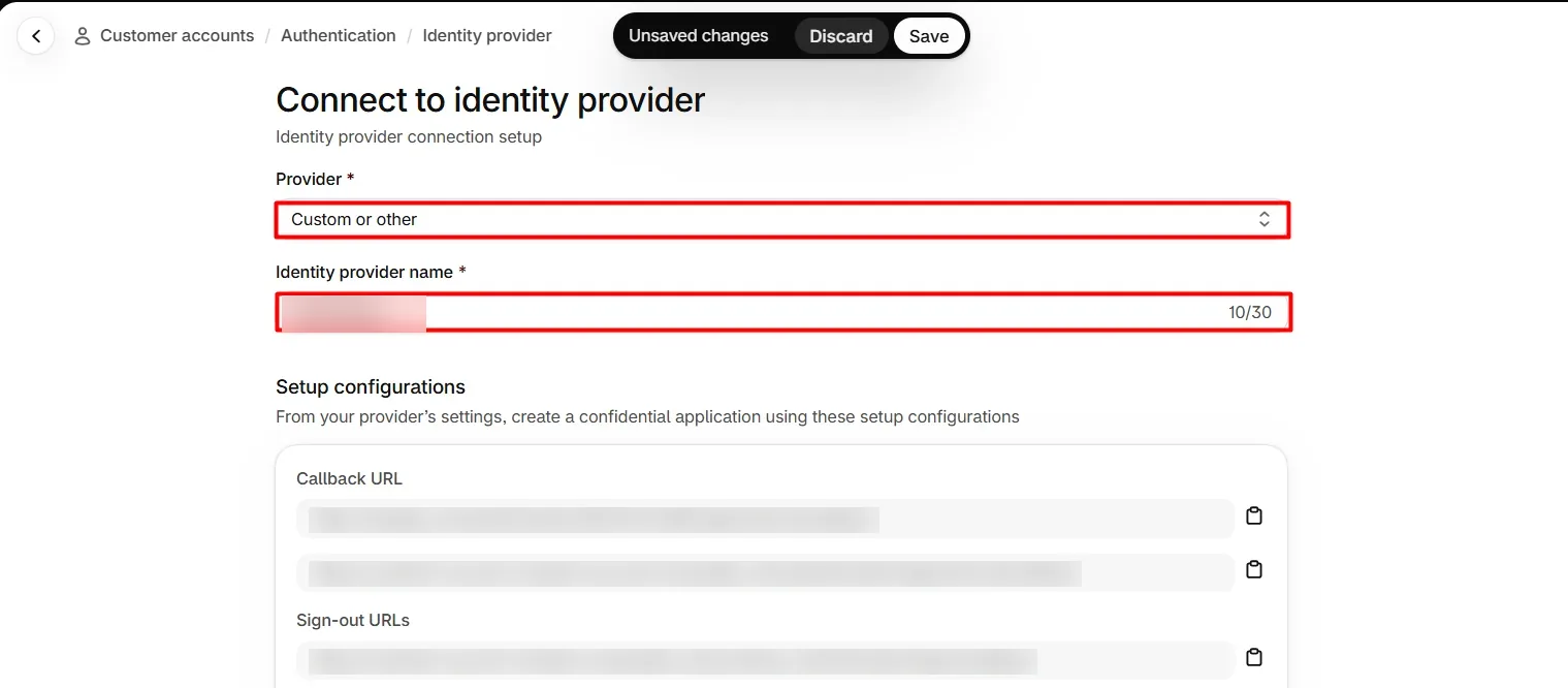 Identity provider name and Custom or other provider type