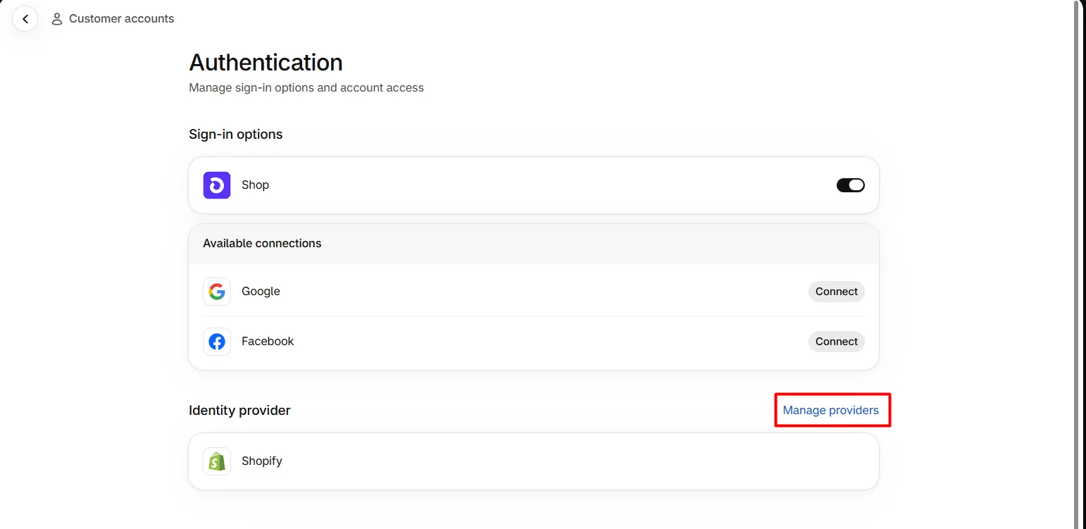 Manage providers in Shopify customer accounts authentication