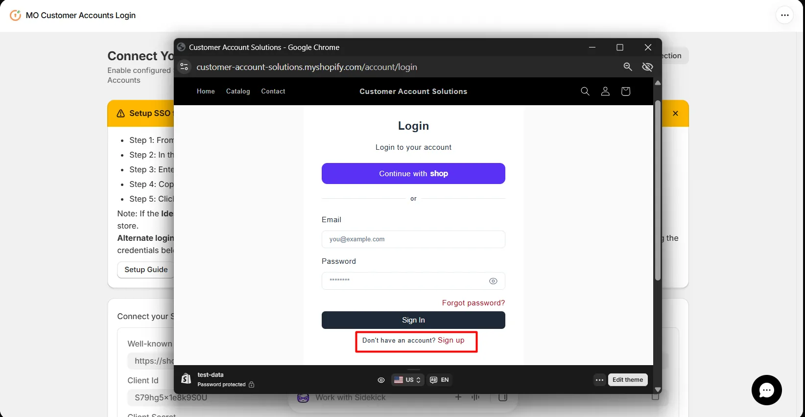 Sign up link on the customer login screen